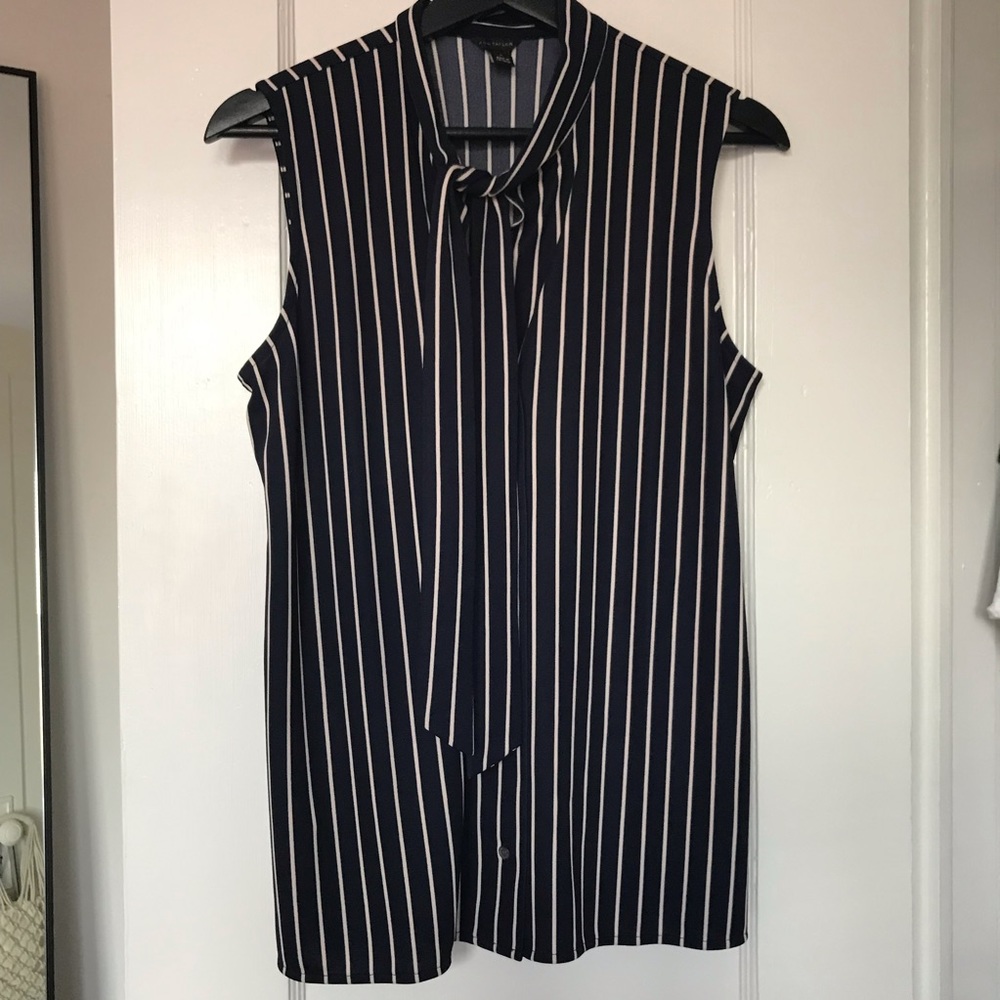 Stripe button up blouse with tie neck